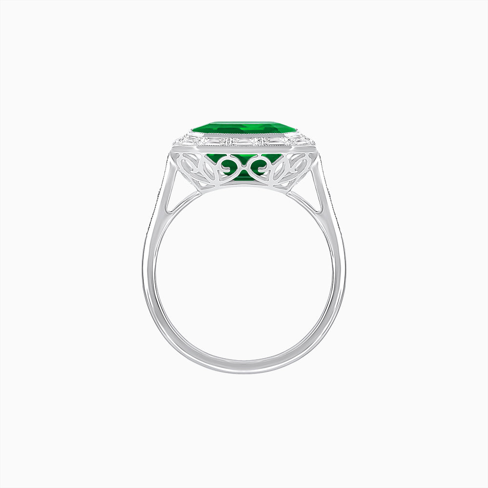 Art Deco Inspired Asscher Cut Ring with Baguette Diamond Halo