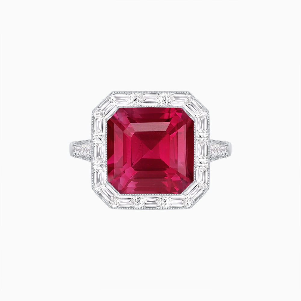 Art Deco Inspired Asscher Cut Ring with Baguette Diamond Halo