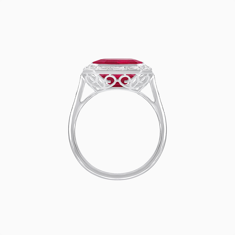Art Deco Inspired Asscher Cut Ring with Baguette Diamond Halo