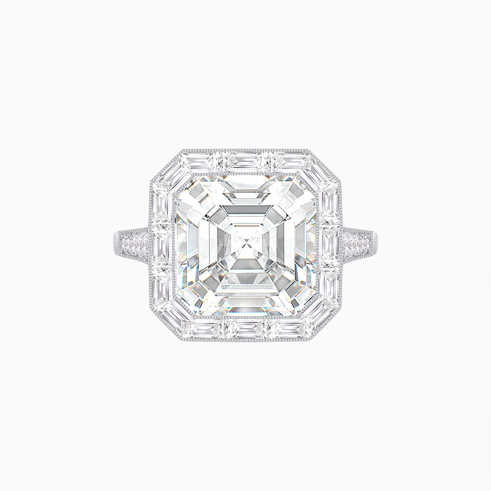 Art Deco Inspired Asscher Cut Ring with Baguette Diamond Halo