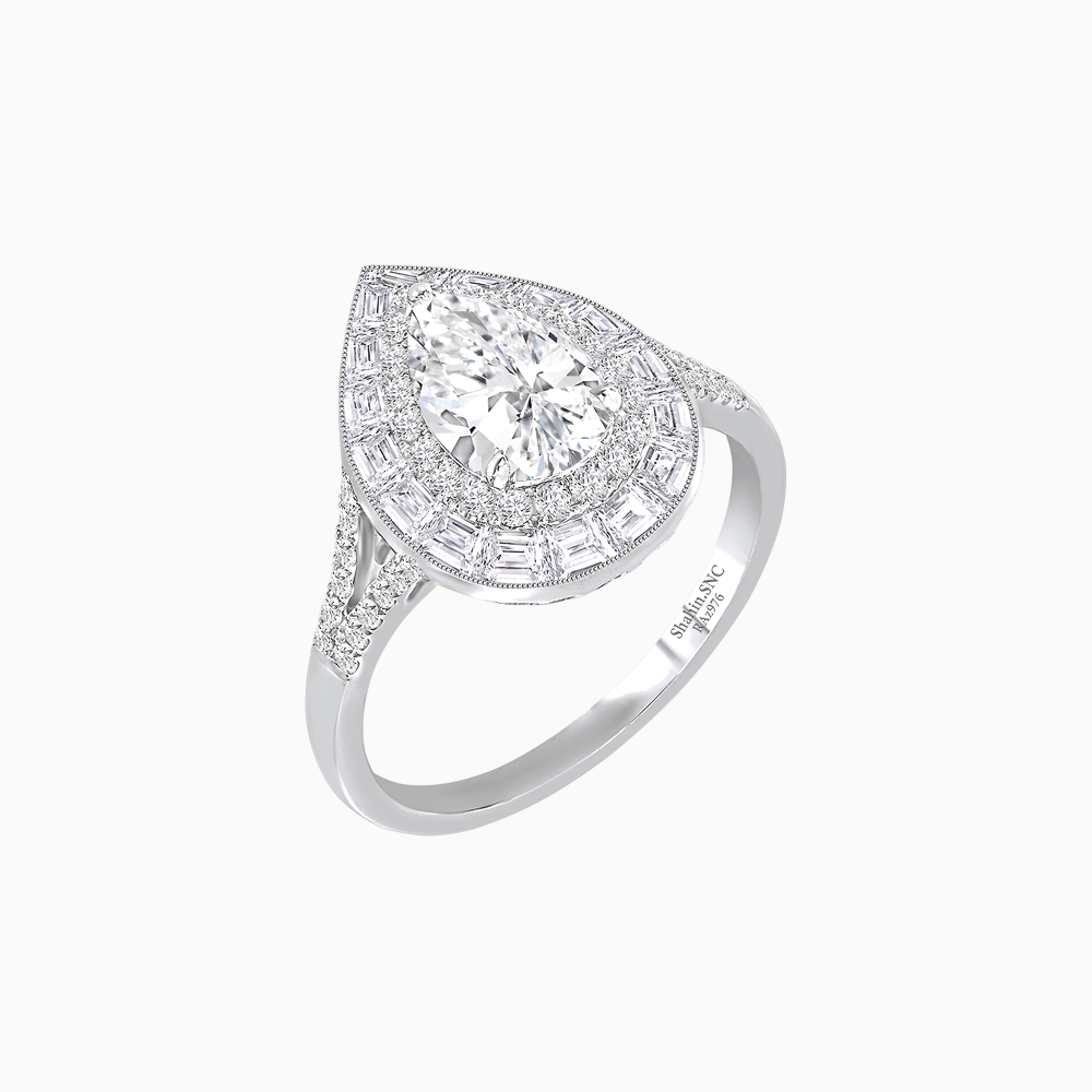 Art Deco Inspired Pear Cut Double Halo Ring with Baguette Diamonds