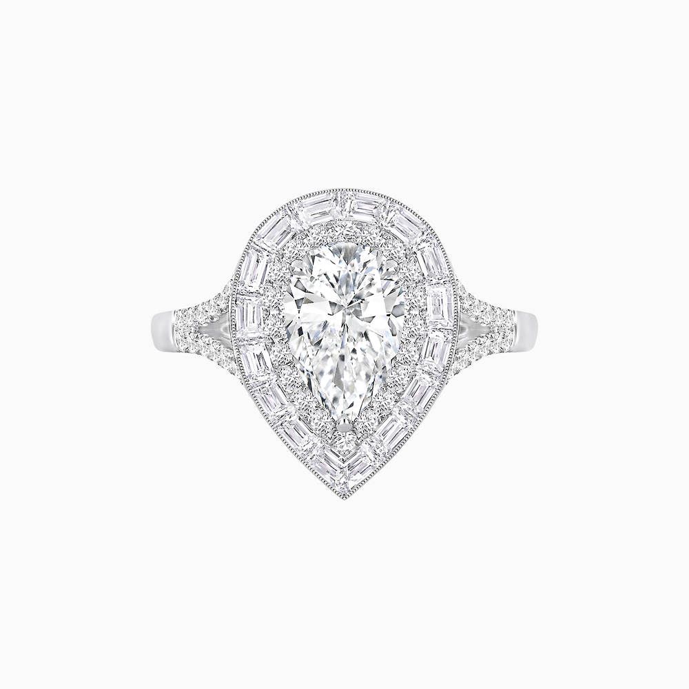 Art Deco Inspired Pear Cut Double Halo Ring with Baguette Diamonds