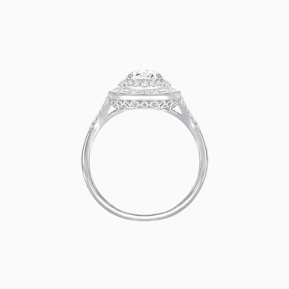 Art Deco Inspired Pear Cut Double Halo Ring with Baguette Diamonds