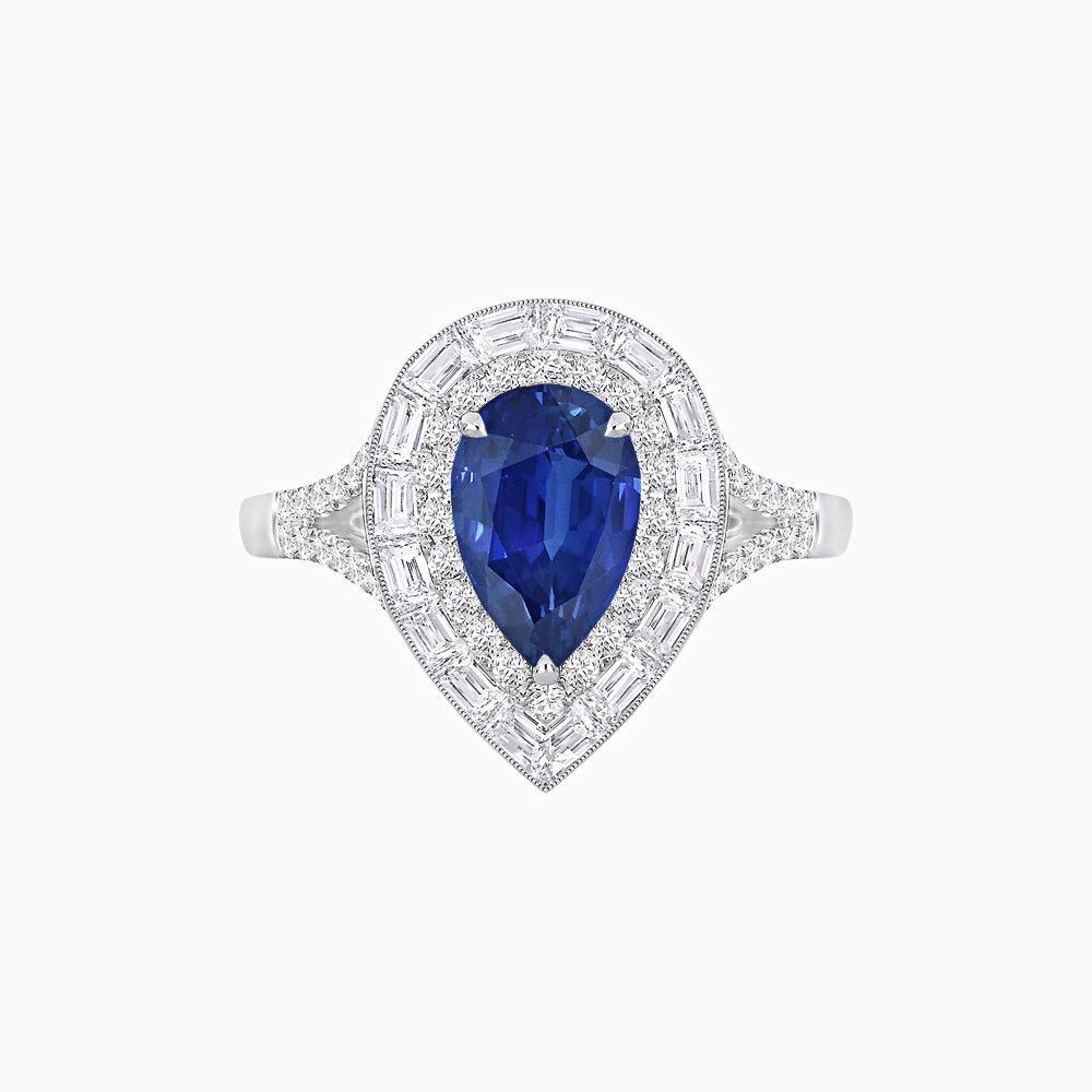 Art Deco Inspired Pear Cut Double Halo Ring with Baguette Diamonds