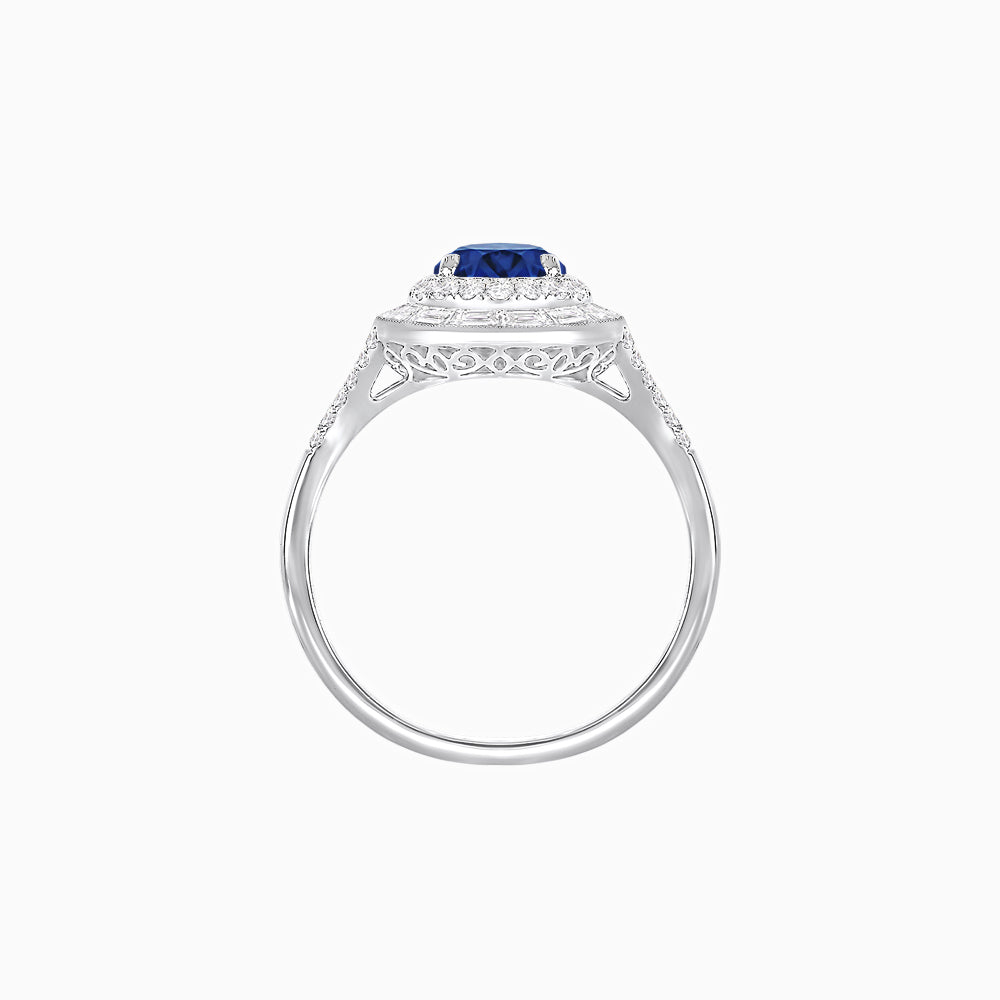 Art Deco Inspired Pear Cut Double Halo Ring with Baguette Diamonds