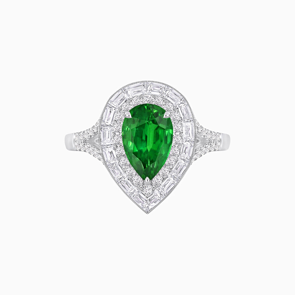 Art Deco Inspired Pear Cut Double Halo Ring with Baguette Diamonds