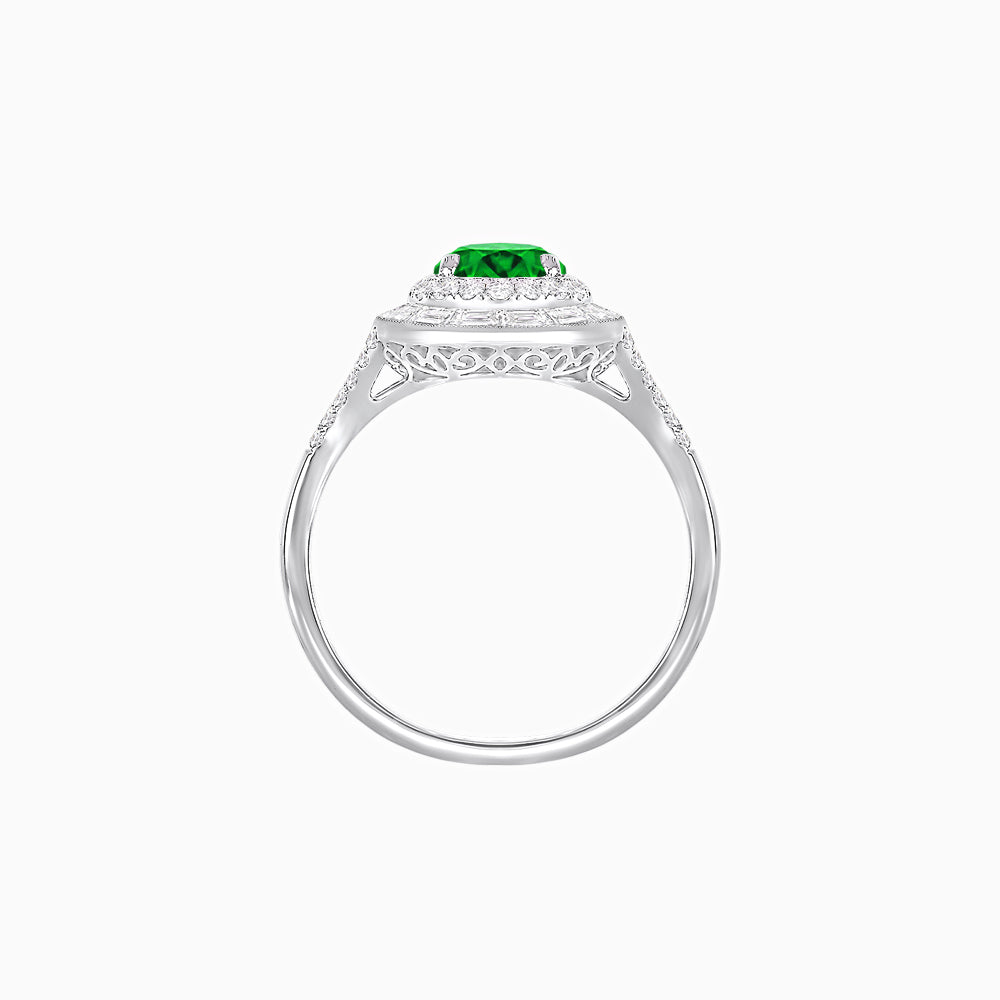 Art Deco Inspired Pear Cut Double Halo Ring with Baguette Diamonds