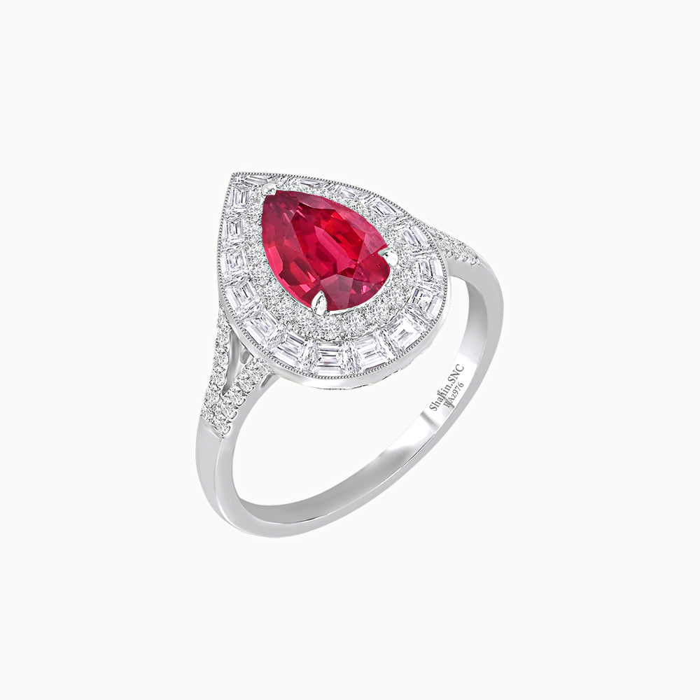 Art Deco Inspired Pear Cut Double Halo Ring with Baguette Diamonds