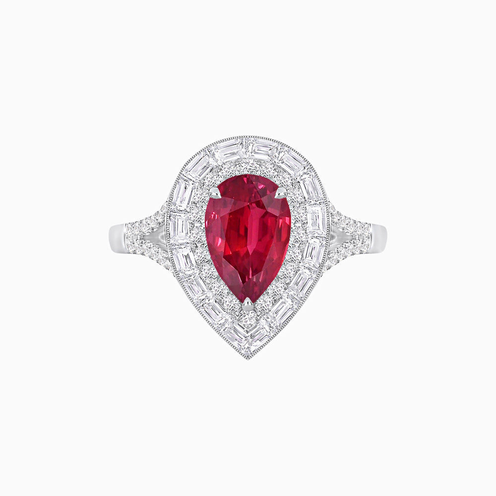 Art Deco Inspired Pear Cut Double Halo Ring with Baguette Diamonds