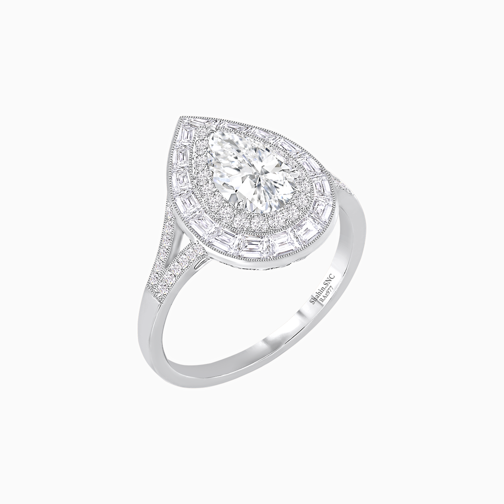 Art Deco Pear Shape Ring with Double Diamond Halo and Baguette Diamond Accents