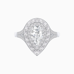 Load image into Gallery viewer, Art Deco Pear Shape Ring with Double Diamond Halo and Baguette Diamond Accents