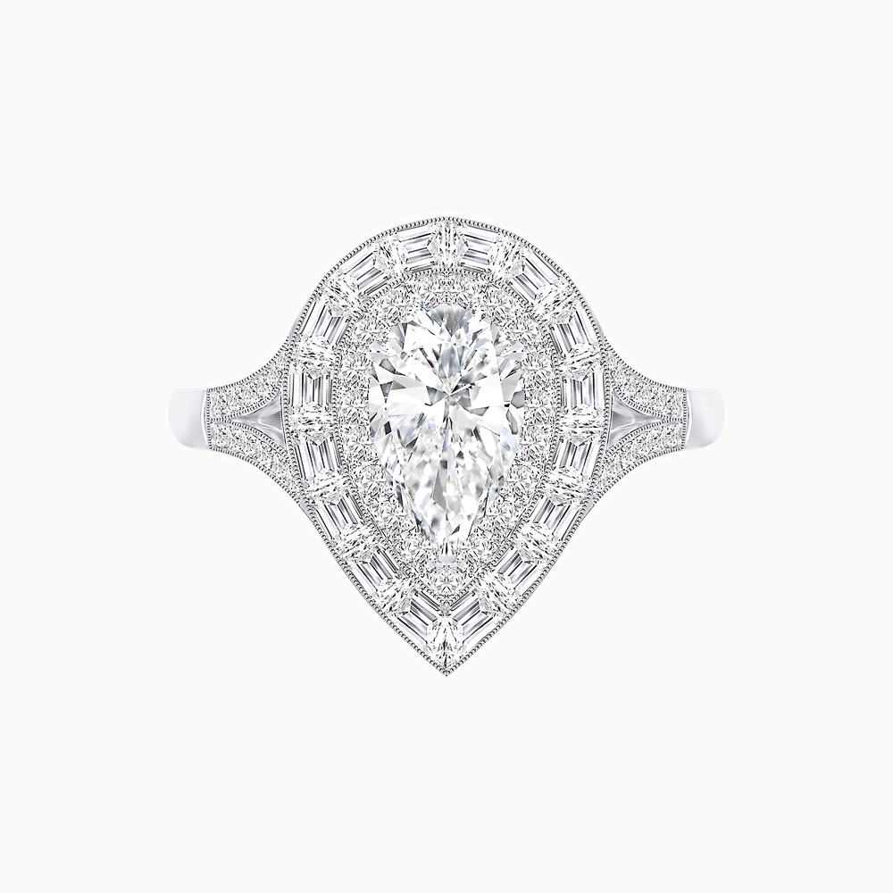 Art Deco Pear Shape Ring with Double Diamond Halo and Baguette Diamond Accents