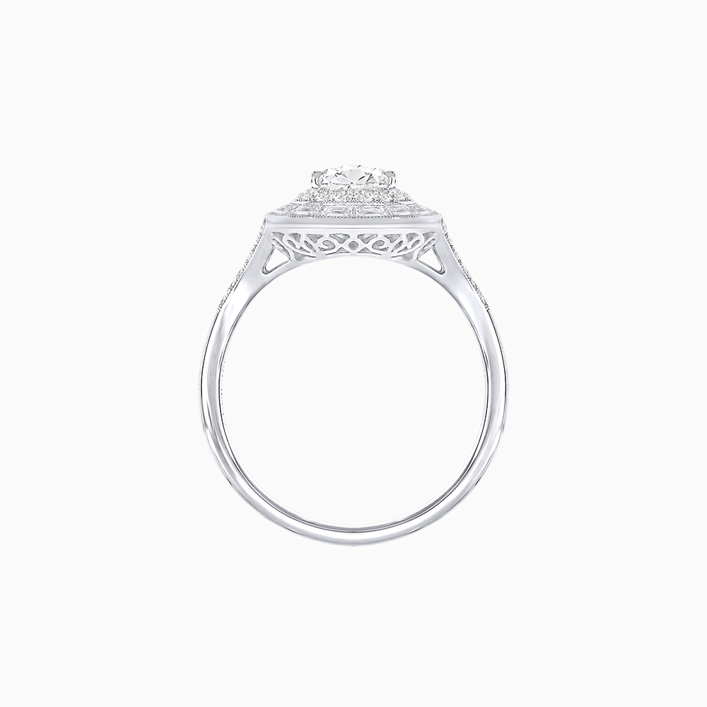 Art Deco Pear Shape Ring with Double Diamond Halo and Baguette Diamond Accents