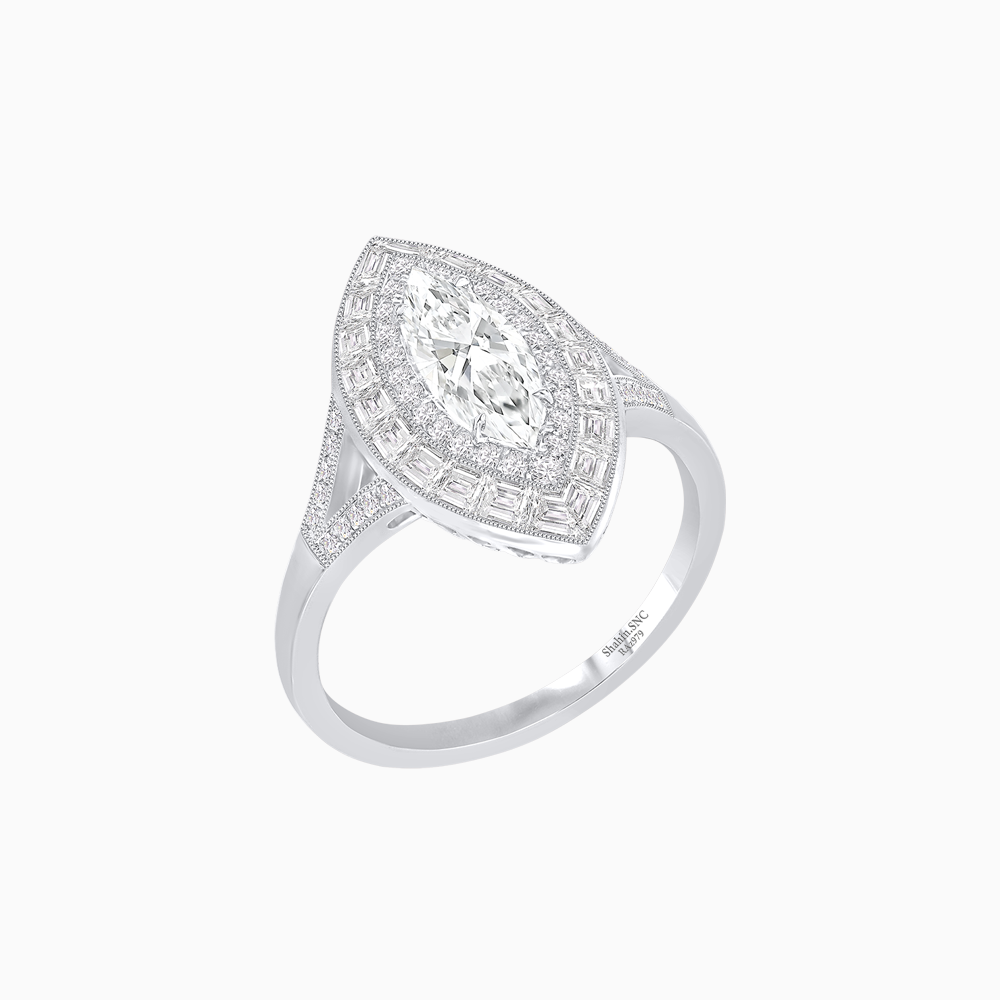 Marquise Diamond Double Halo Ring with Baguette Frame
