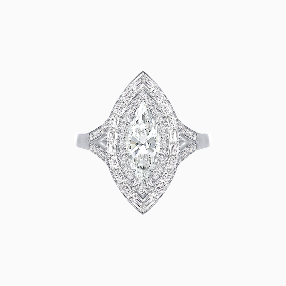 Marquise Diamond Double Halo Ring with Baguette Frame
