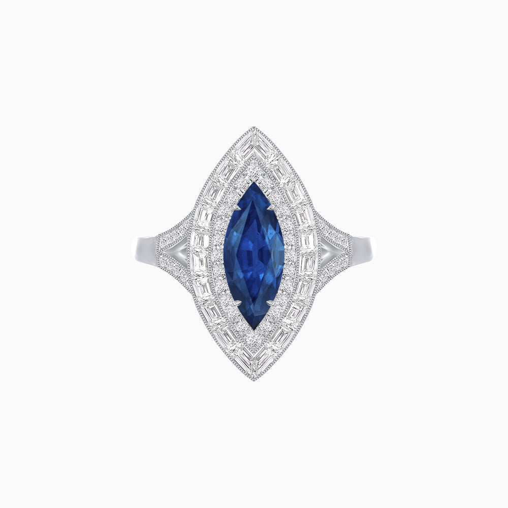 Marquise Diamond Double Halo Ring with Baguette Frame