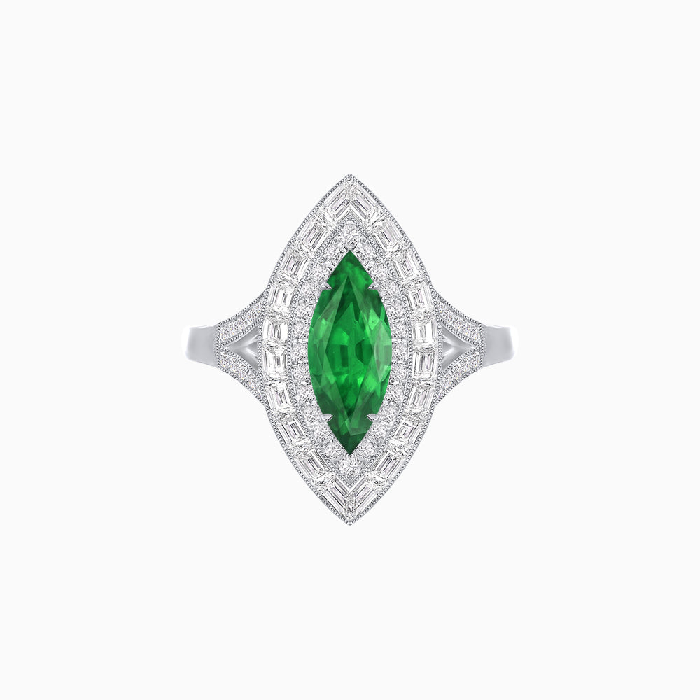 Marquise Diamond Double Halo Ring with Baguette Frame