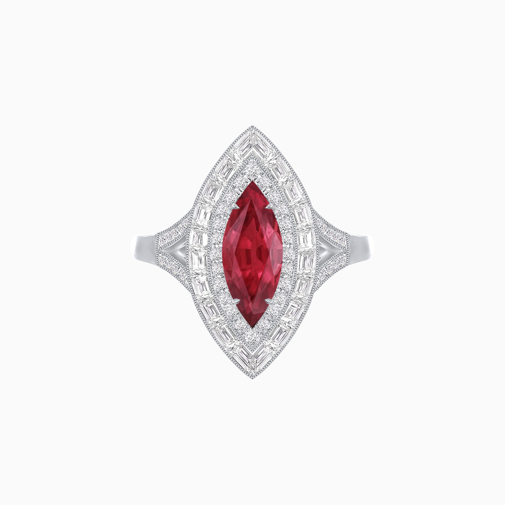 Marquise Diamond Double Halo Ring with Baguette Frame