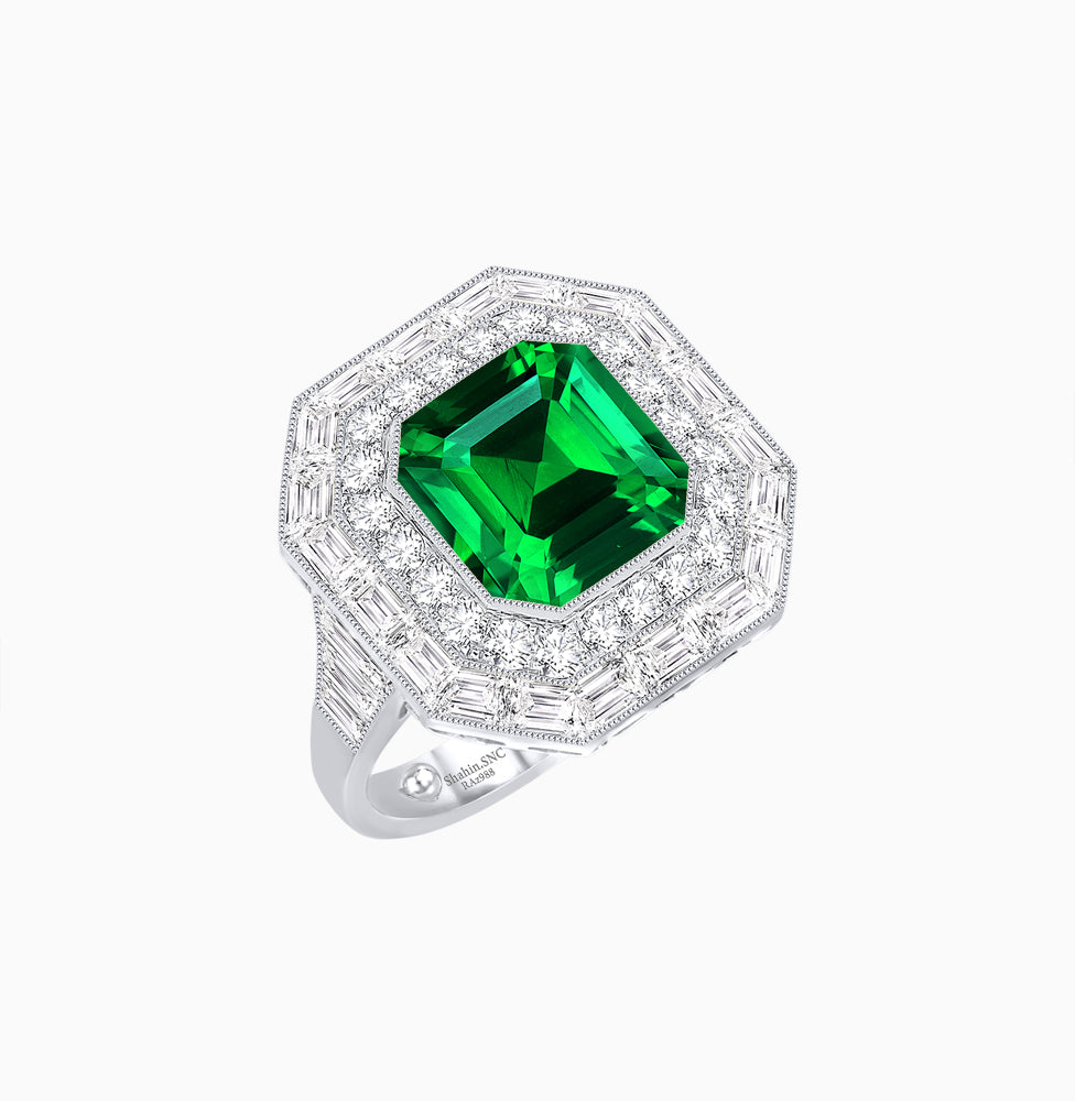One-of-a-Kind Art Deco Inspired Emerald Cut Double Halo Ring