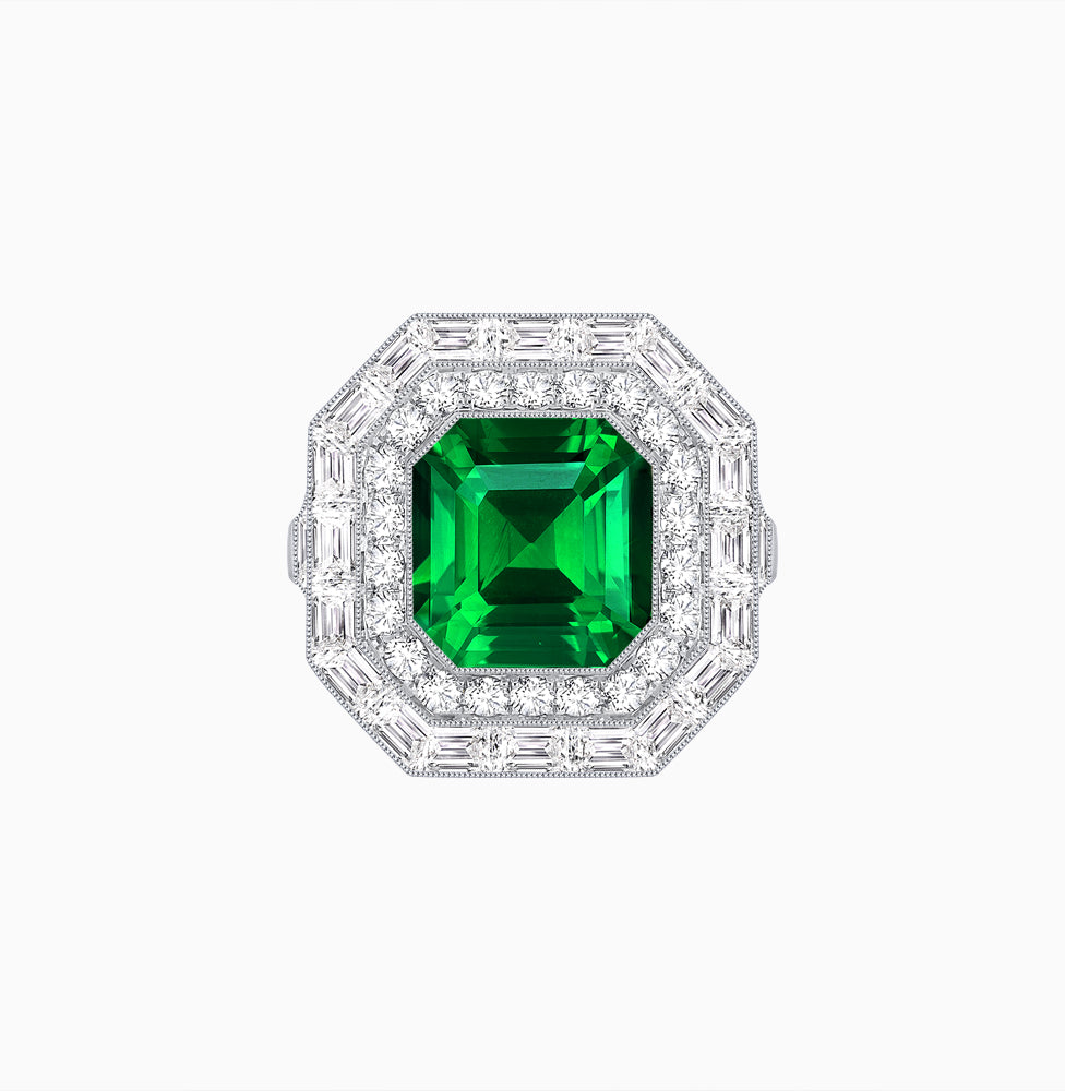 One-of-a-Kind Art Deco Inspired Emerald Cut Double Halo Ring