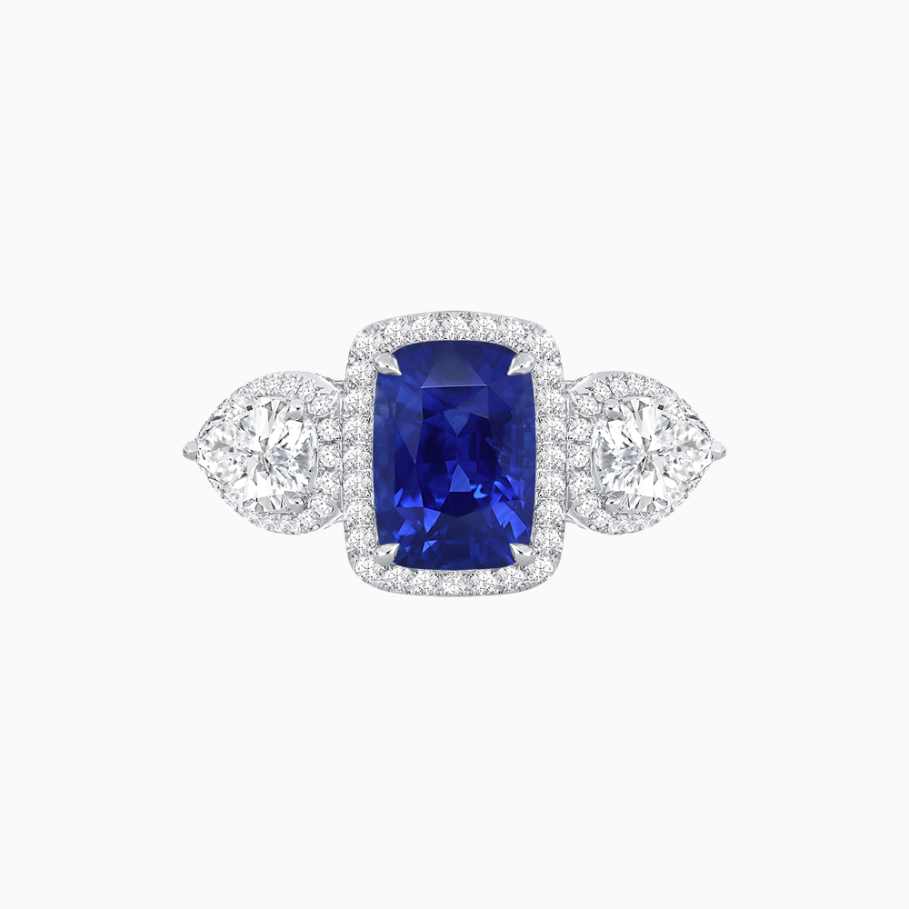Vintage Inspired Cushion Cut Three-Stone Halo Ring with Pear-Shaped Side Stones