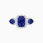 Load image into Gallery viewer, Vintage Inspired Cushion Cut Three-Stone Halo Ring with Pear-Shaped Side Stones