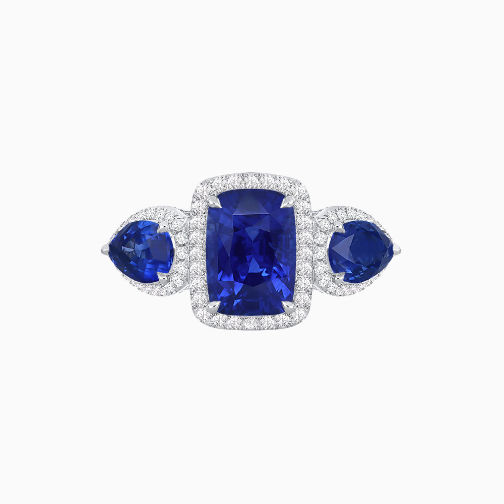 Vintage Inspired Cushion Cut Three-Stone Halo Ring with Pear-Shaped Side Stones