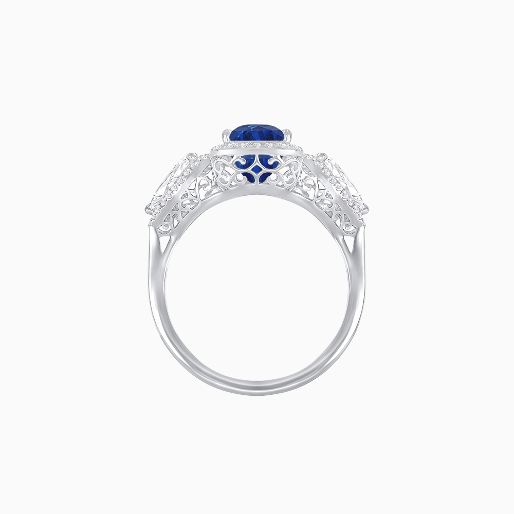 Vintage Inspired Cushion Cut Three-Stone Halo Ring with Pear-Shaped Side Stones
