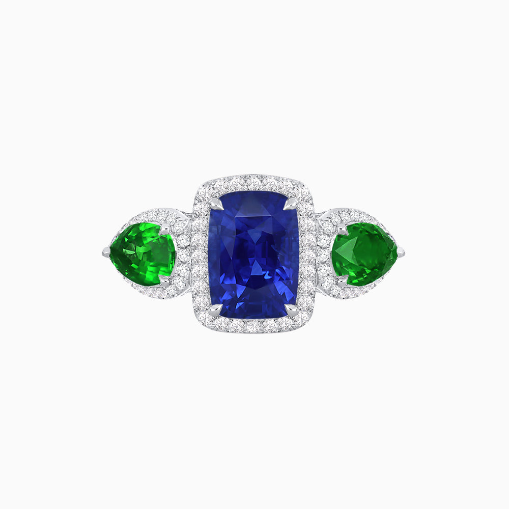 Vintage Inspired Cushion Cut Three-Stone Halo Ring with Pear-Shaped Side Stones