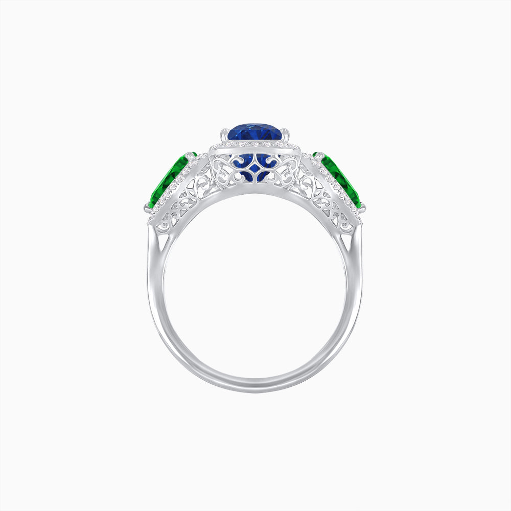 Vintage Inspired Cushion Cut Three-Stone Halo Ring with Pear-Shaped Side Stones