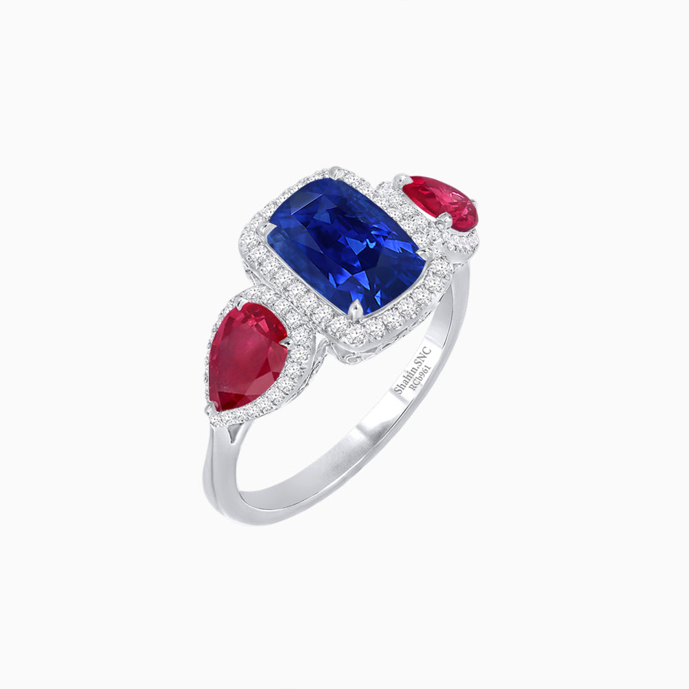 Vintage Inspired Cushion Cut Three-Stone Halo Ring with Pear-Shaped Side Stones