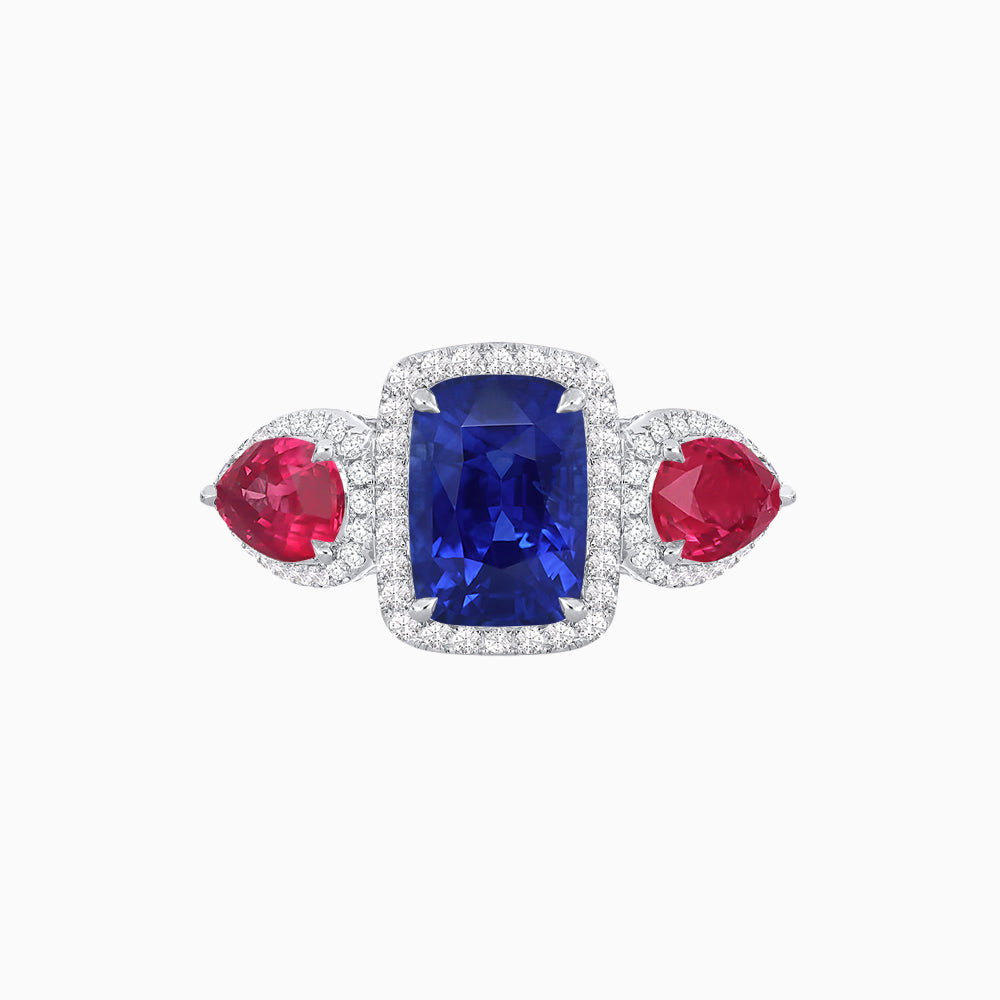 Vintage Inspired Cushion Cut Three-Stone Halo Ring with Pear-Shaped Side Stones