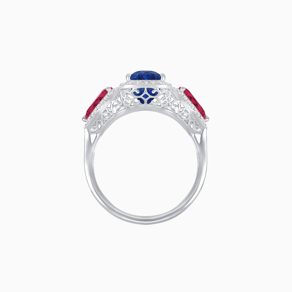 Vintage Inspired Cushion Cut Three-Stone Halo Ring with Pear-Shaped Side Stones