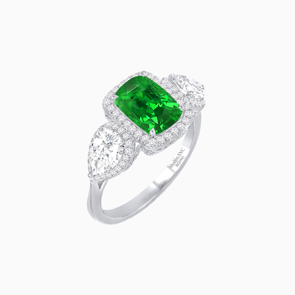 Vintage Inspired Cushion Cut Three-Stone Halo Ring with Pear-Shaped Side Stones