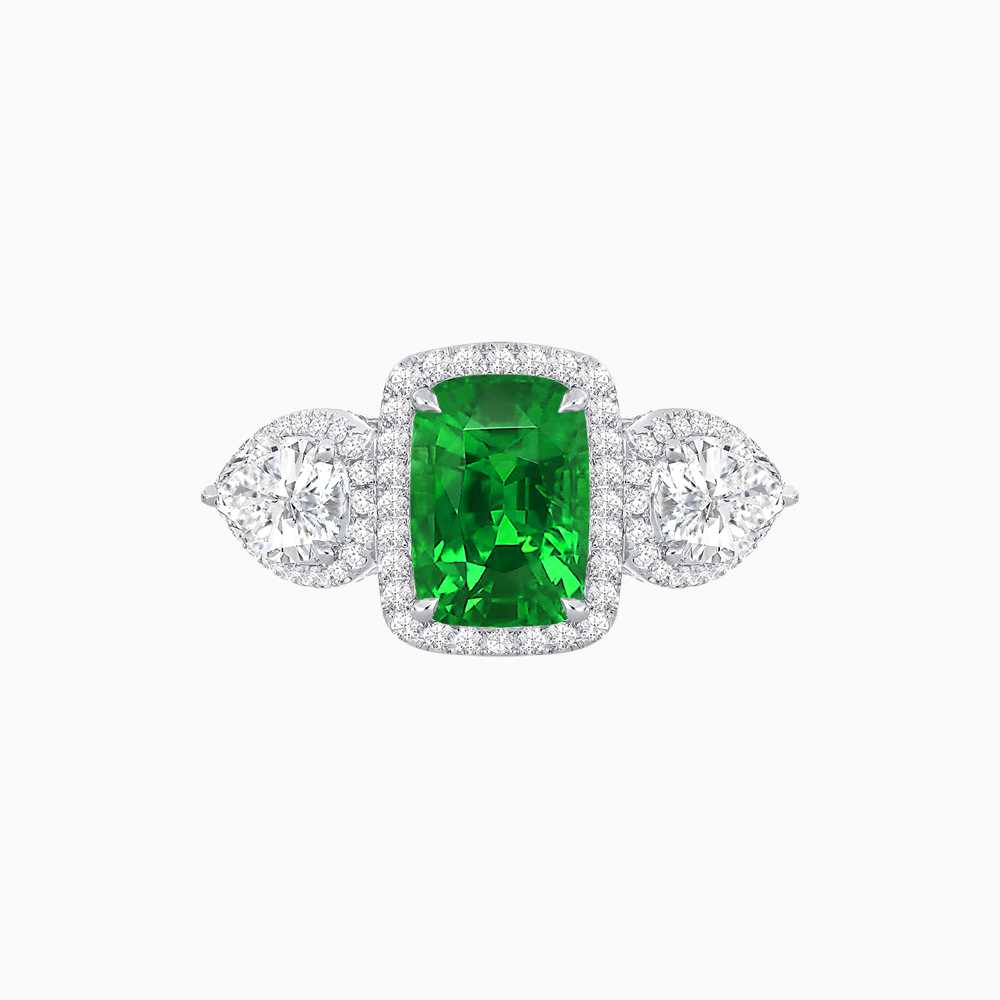 Vintage Inspired Cushion Cut Three-Stone Halo Ring with Pear-Shaped Side Stones