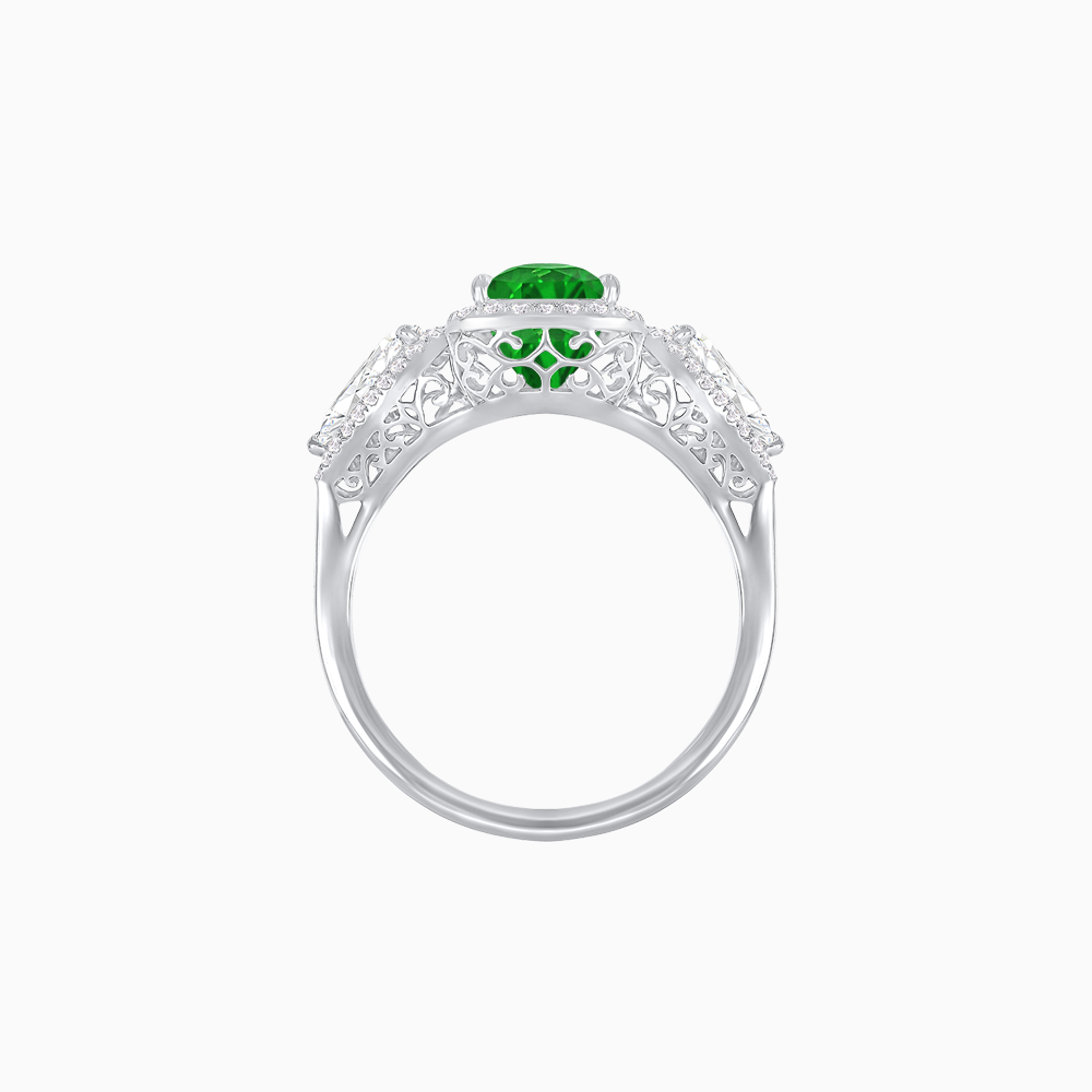 Vintage Inspired Cushion Cut Three-Stone Halo Ring with Pear-Shaped Side Stones