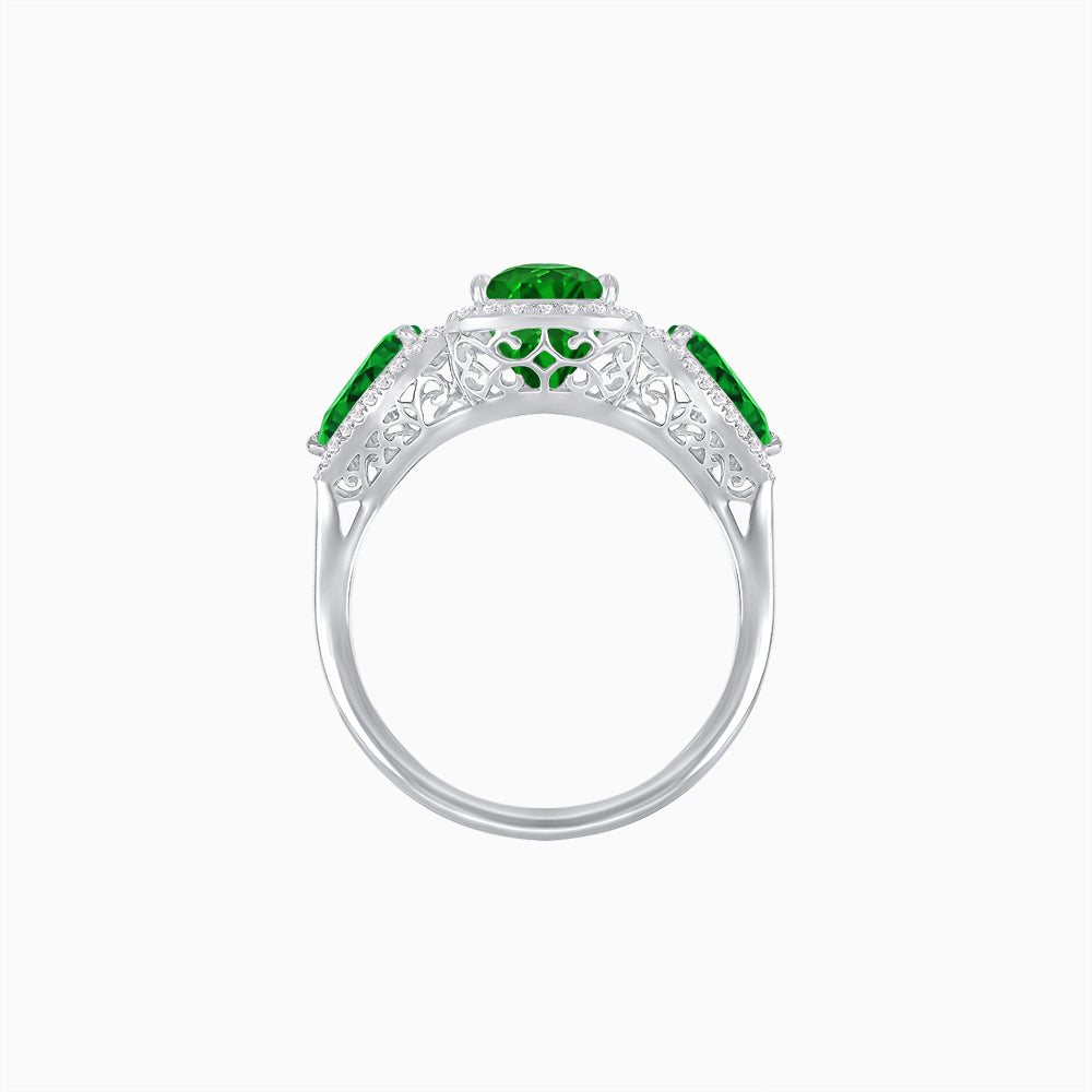 Vintage Inspired Cushion Cut Three-Stone Halo Ring with Pear-Shaped Side Stones