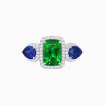 Load image into Gallery viewer, Vintage Inspired Cushion Cut Three-Stone Halo Ring with Pear-Shaped Side Stones