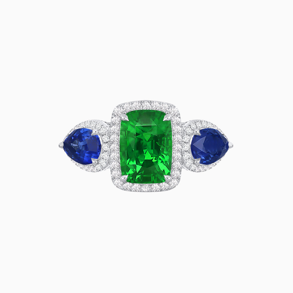 Vintage Inspired Cushion Cut Three-Stone Halo Ring with Pear-Shaped Side Stones