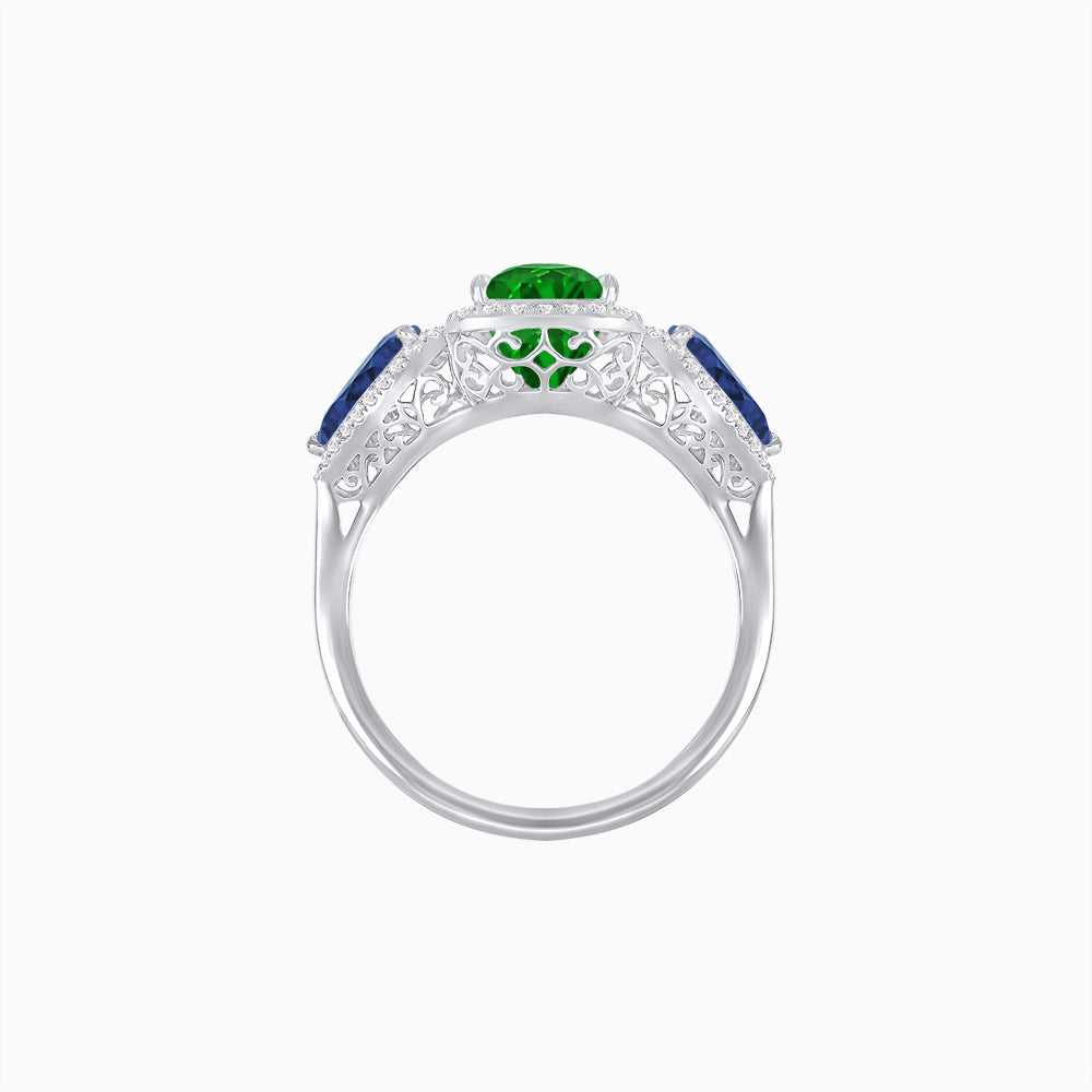 Vintage Inspired Cushion Cut Three-Stone Halo Ring with Pear-Shaped Side Stones