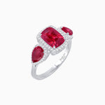 Load image into Gallery viewer, Vintage Inspired Cushion Cut Three-Stone Halo Ring with Pear-Shaped Side Stones