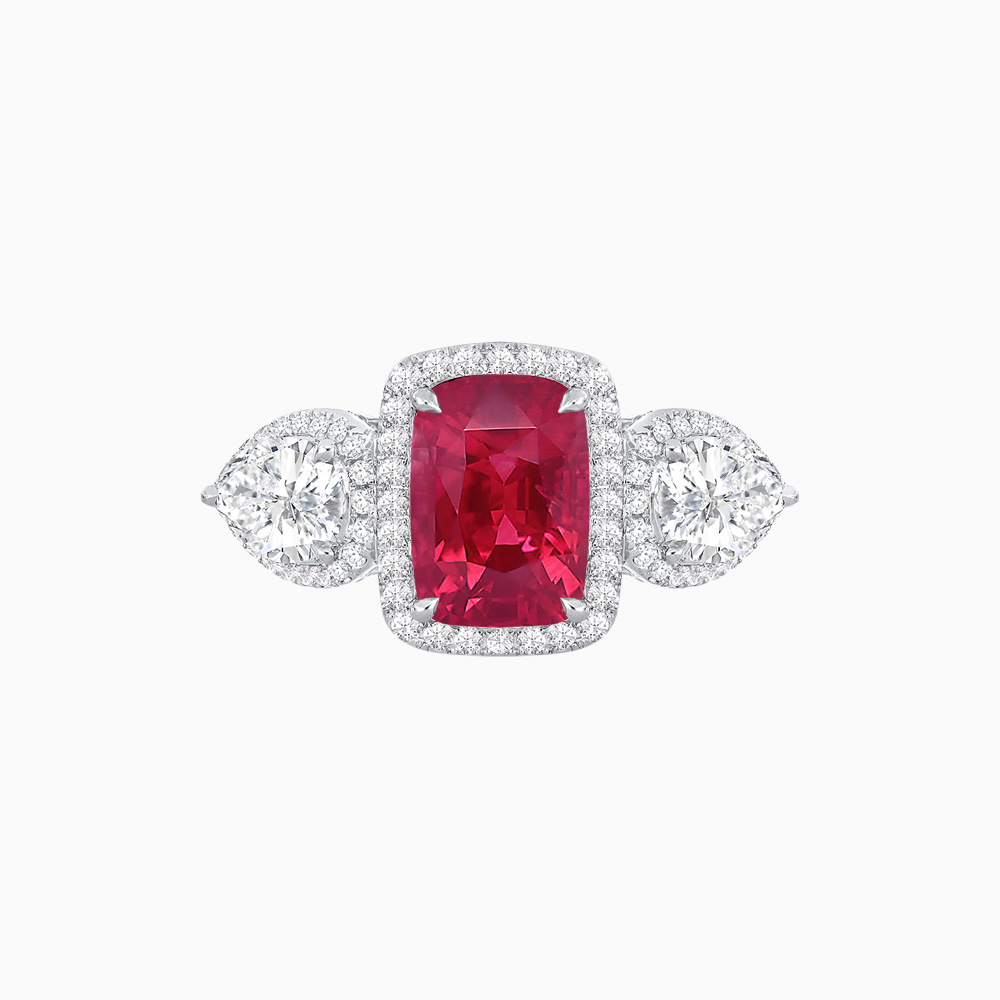 Vintage Inspired Cushion Cut Three-Stone Halo Ring with Pear-Shaped Side Stones