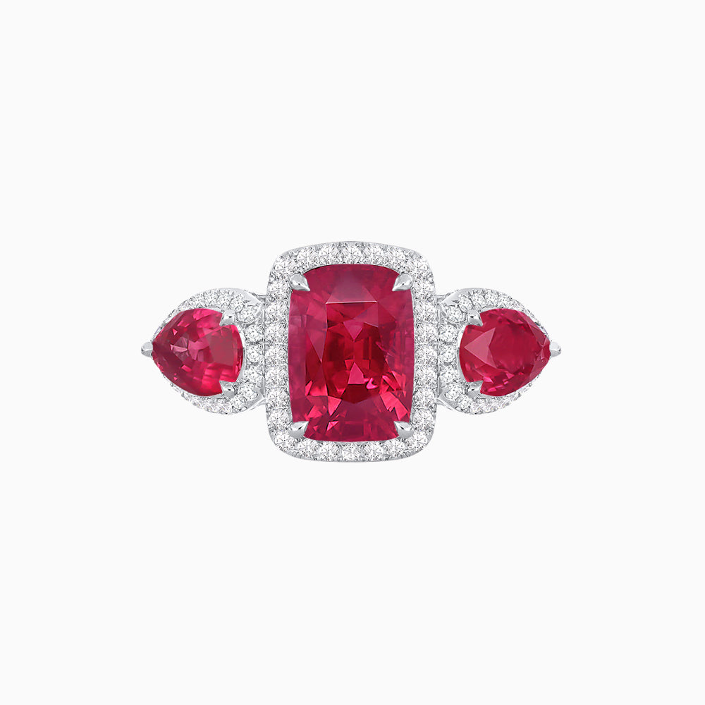 Vintage Inspired Cushion Cut Three-Stone Halo Ring with Pear-Shaped Side Stones