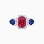 Load image into Gallery viewer, Vintage Inspired Cushion Cut Three-Stone Halo Ring with Pear-Shaped Side Stones