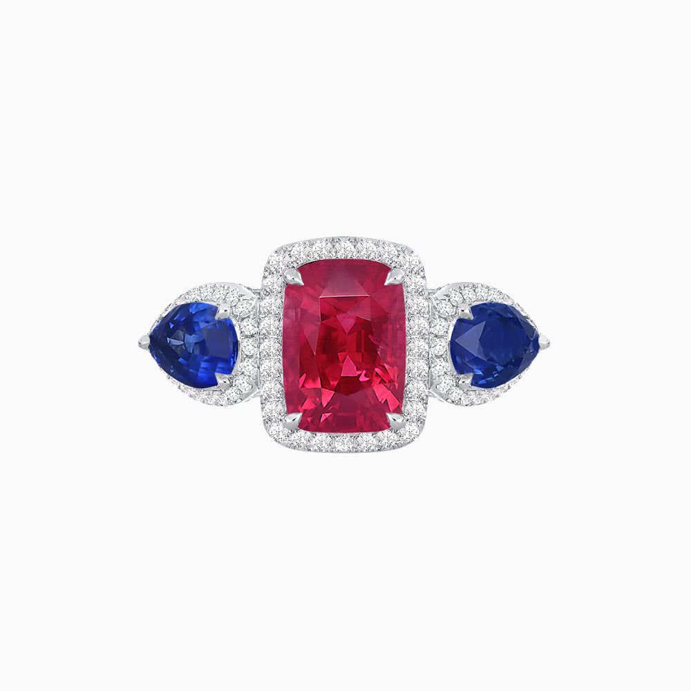 Vintage Inspired Cushion Cut Three-Stone Halo Ring with Pear-Shaped Side Stones