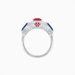 Load image into Gallery viewer, Vintage Inspired Cushion Cut Three-Stone Halo Ring with Pear-Shaped Side Stones