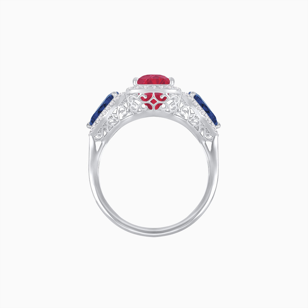 Vintage Inspired Cushion Cut Three-Stone Halo Ring with Pear-Shaped Side Stones