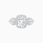 Load image into Gallery viewer, Vintage Inspired Cushion Cut Three-Stone Halo Ring with Pear-Shaped Side Stones