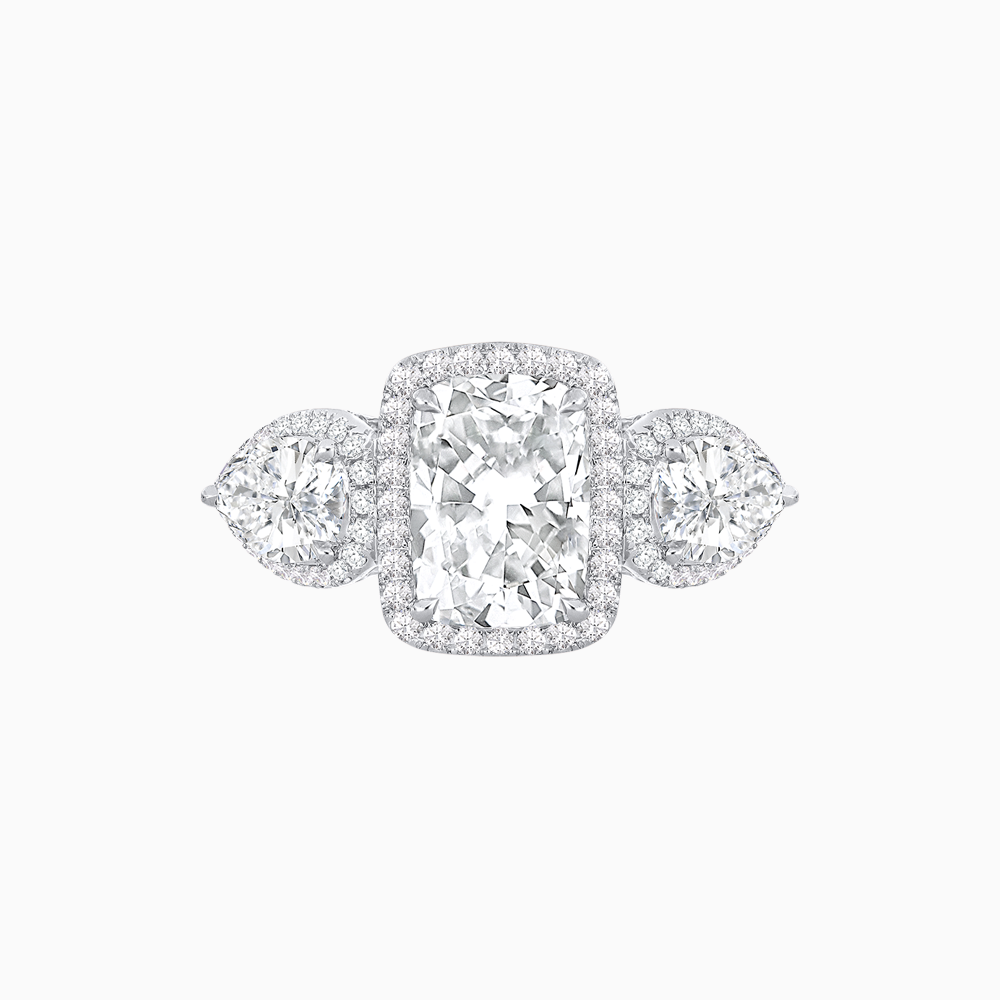 Vintage Inspired Cushion Cut Three-Stone Halo Ring with Pear-Shaped Side Stones
