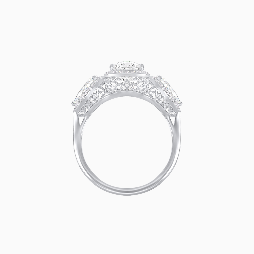 Vintage Inspired Cushion Cut Three-Stone Halo Ring with Pear-Shaped Side Stones